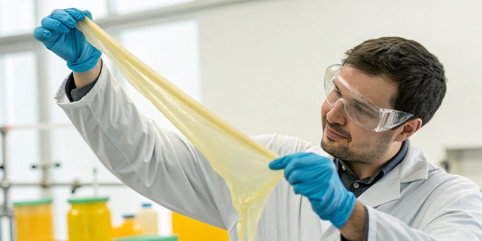A lab technician stretching a piece of polyurethane elastomer to demonstrate its elasticity.