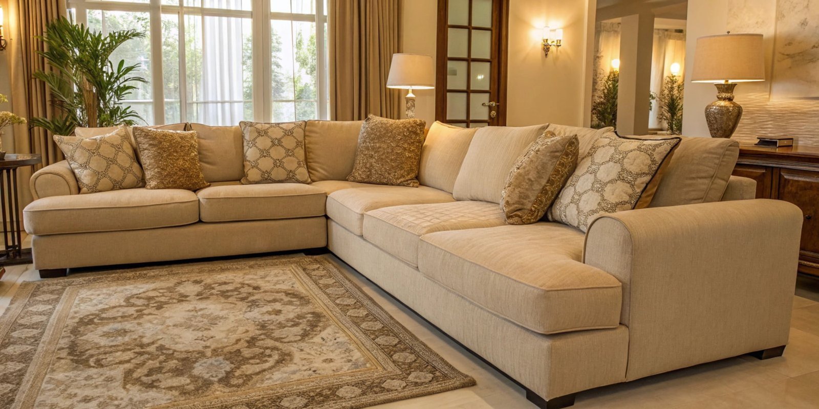 A comfortable modern living room with a large sofa and plush cushions made from polyurethane foam