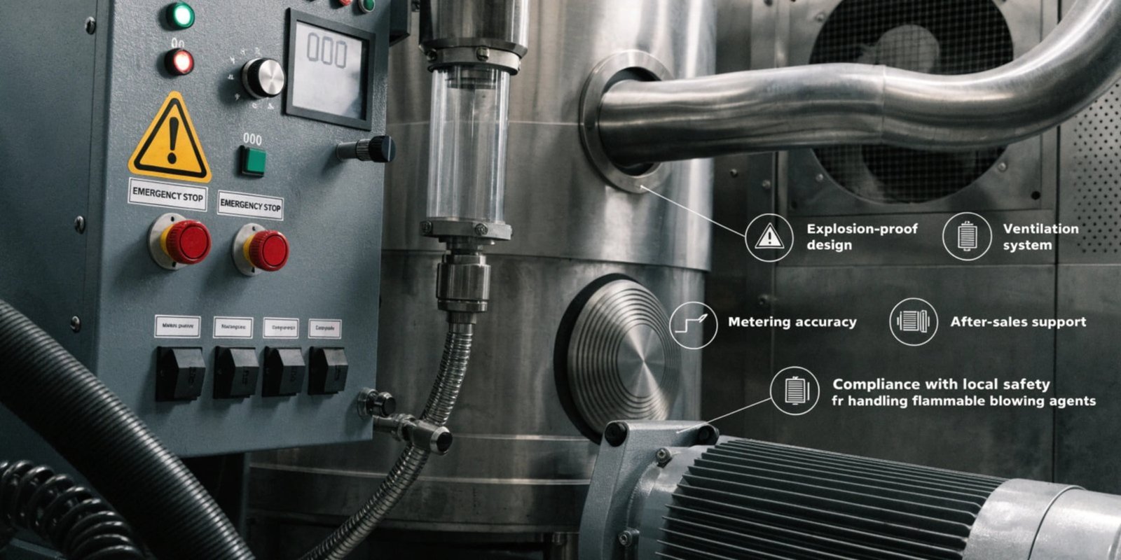 PU Machine Safety Features A detailed view of the control panel and safety features on a PU machine