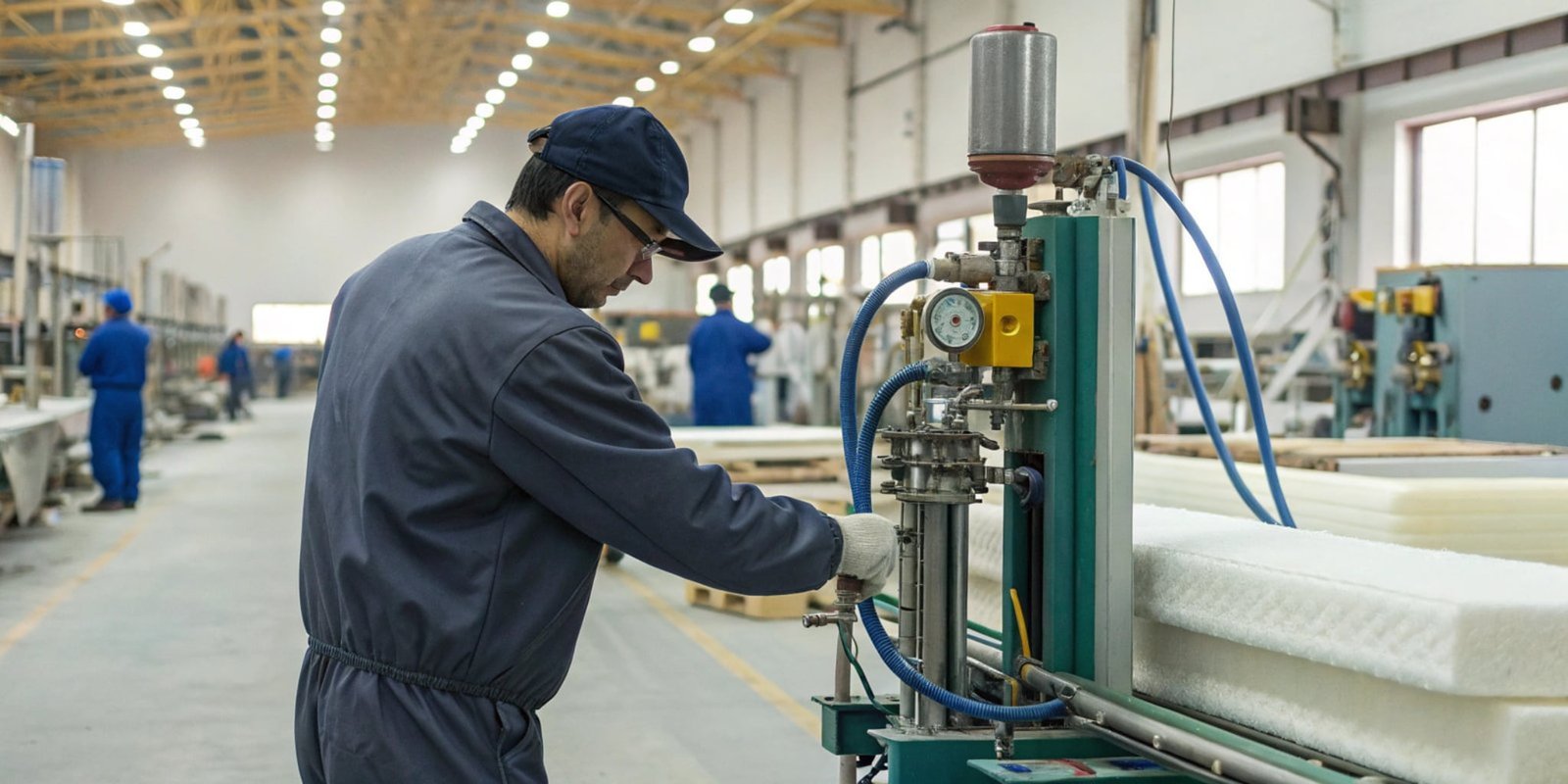 A factory worker operating a PU foaming machine