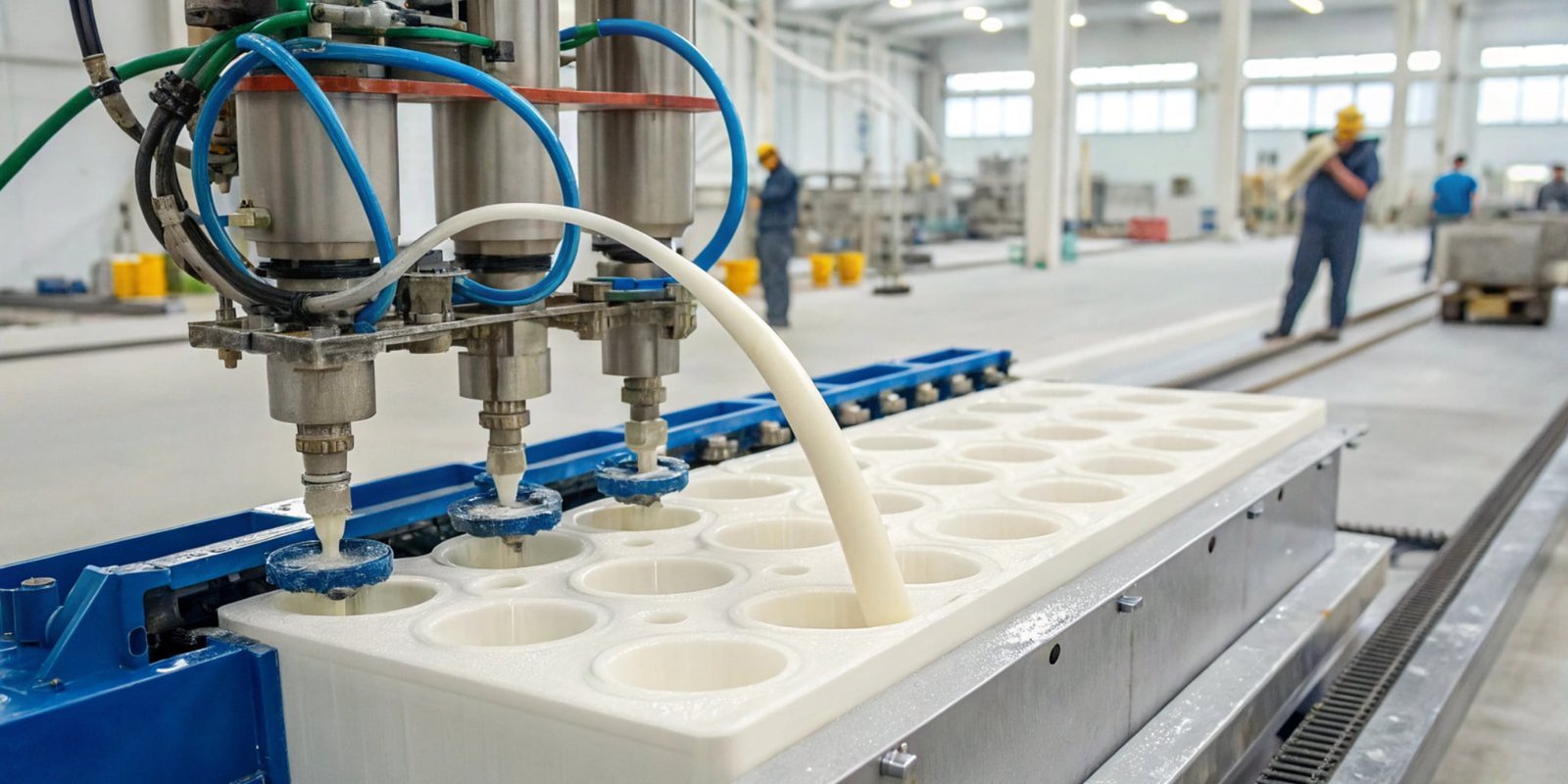 Urethane Casting Process A high-pressure foaming machine dispensing polyurethane into a mold