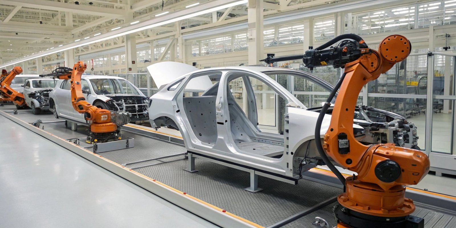 An automotive assembly line showing robots installing car seats made with high-resilience polyurethane foam