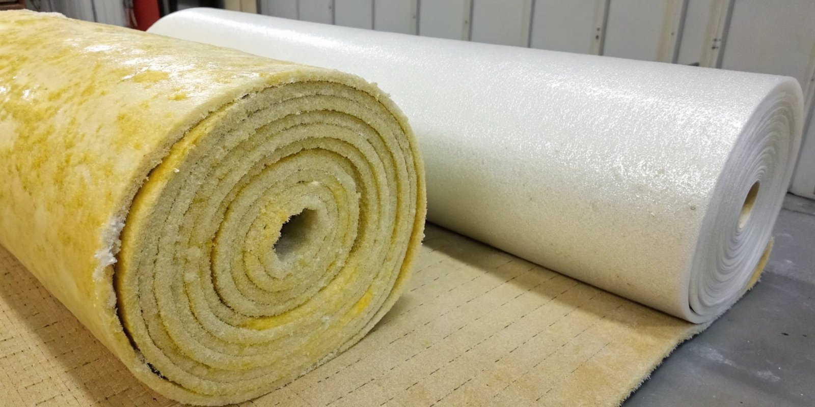 A roll of yellowed, weathered polyurethane foam next to a shiny new piece.