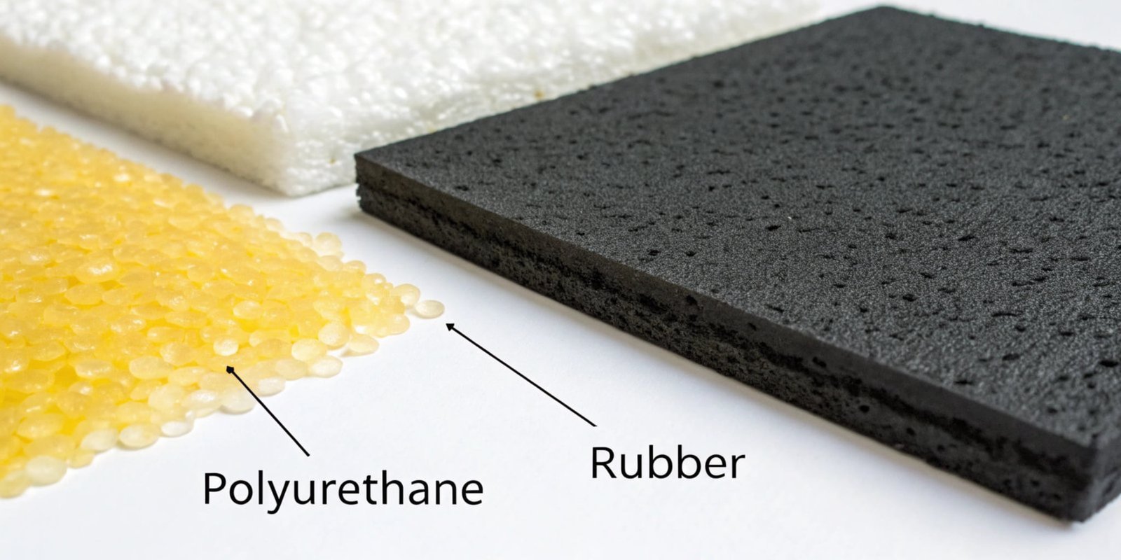 A diagram showing polyurethane bridging the gap between rubber on one side and plastic on the other.