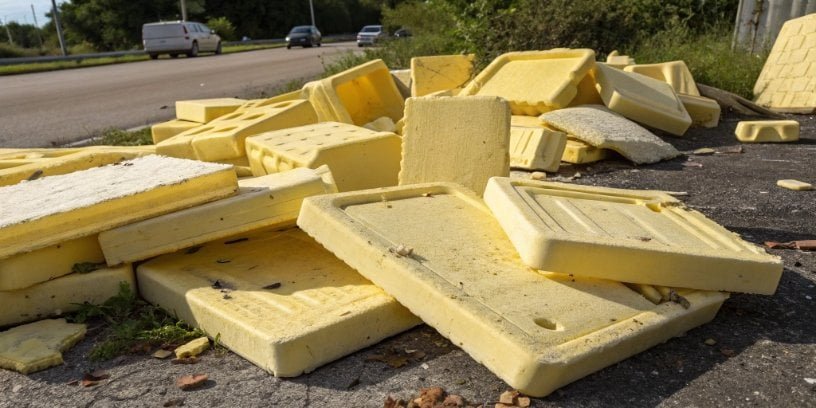 A pile of old, yellowed foam scraps ready for disposal.