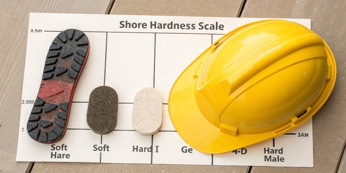 A diagram showing the Shore Hardness Scale from soft (A) to hard (D) with examples like a gel insole and a hard hat.