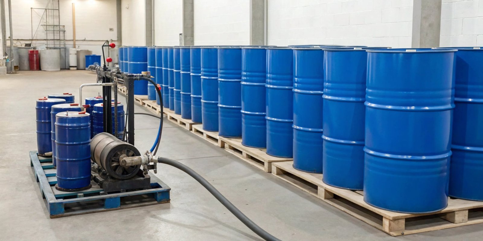 Drums of polyol and isocyanate in a tidy storage area
