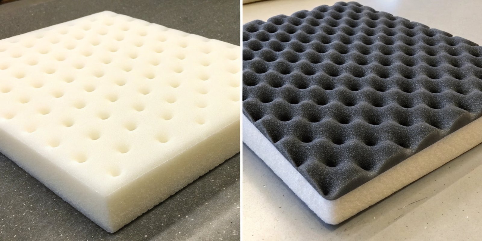Comparing PU Foam and HR Foam Side-by-side comparison of a standard foam and a high-resilience foam sample