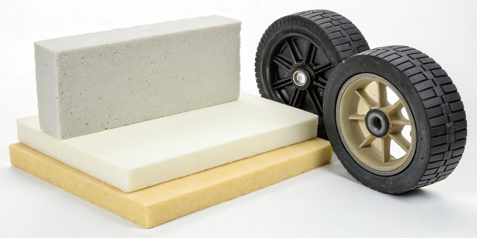 A display showing different forms of polyurethane: a block of flexible foam, a rigid insulation panel, and a durable elastomer wheel