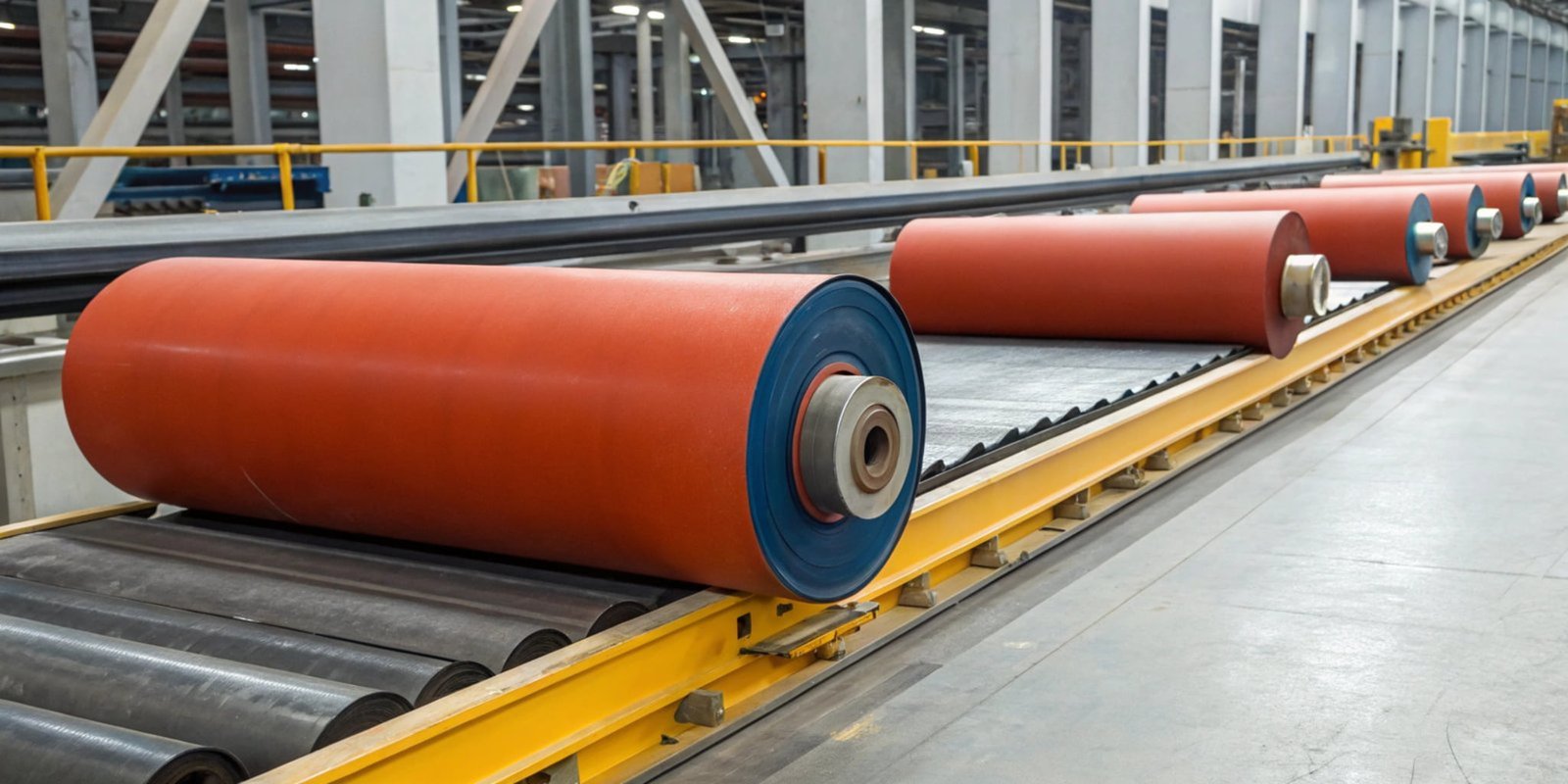 An industrial setting showing large polyurethane rollers on a conveyor system.