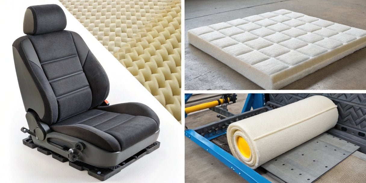 A collage of different polyurethane products: a car seat, a foam mattress, an industrial roller, and insulation panels.