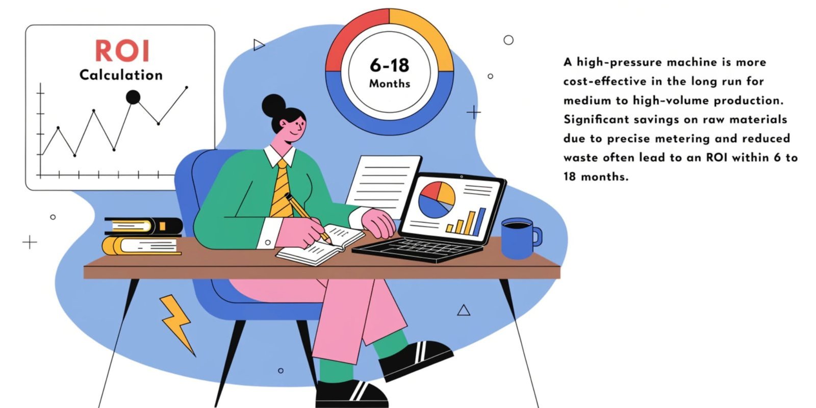 ROI Calculation A manager calculating ROI with charts and graphs in the background