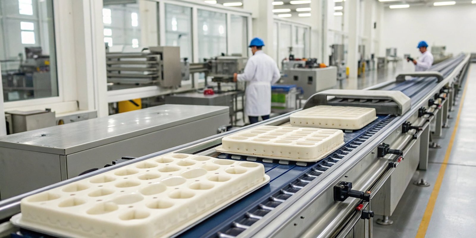 An automated PU production line with multiple molds on a conveyor