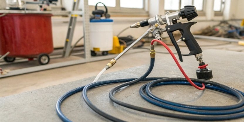 A high-pressure PU foam spray machine with hoses and a spray gun