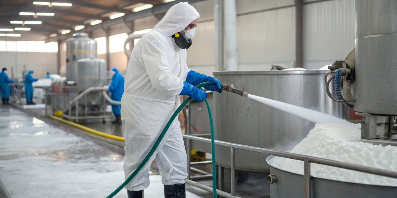 A factory worker wearing full personal protective equipment (PPE) while operating a foaming machine.