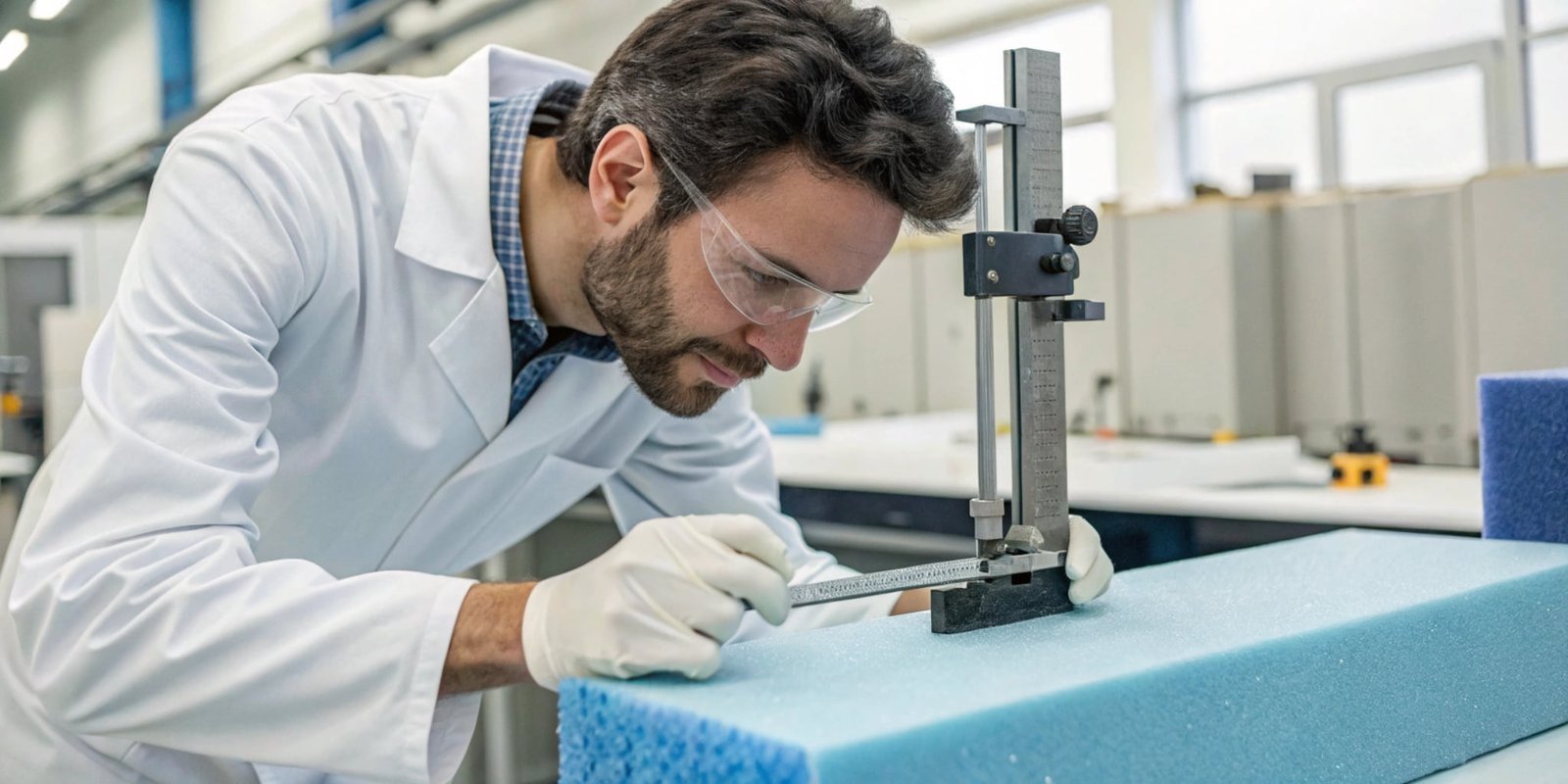 An engineer checking the density of a foam sample