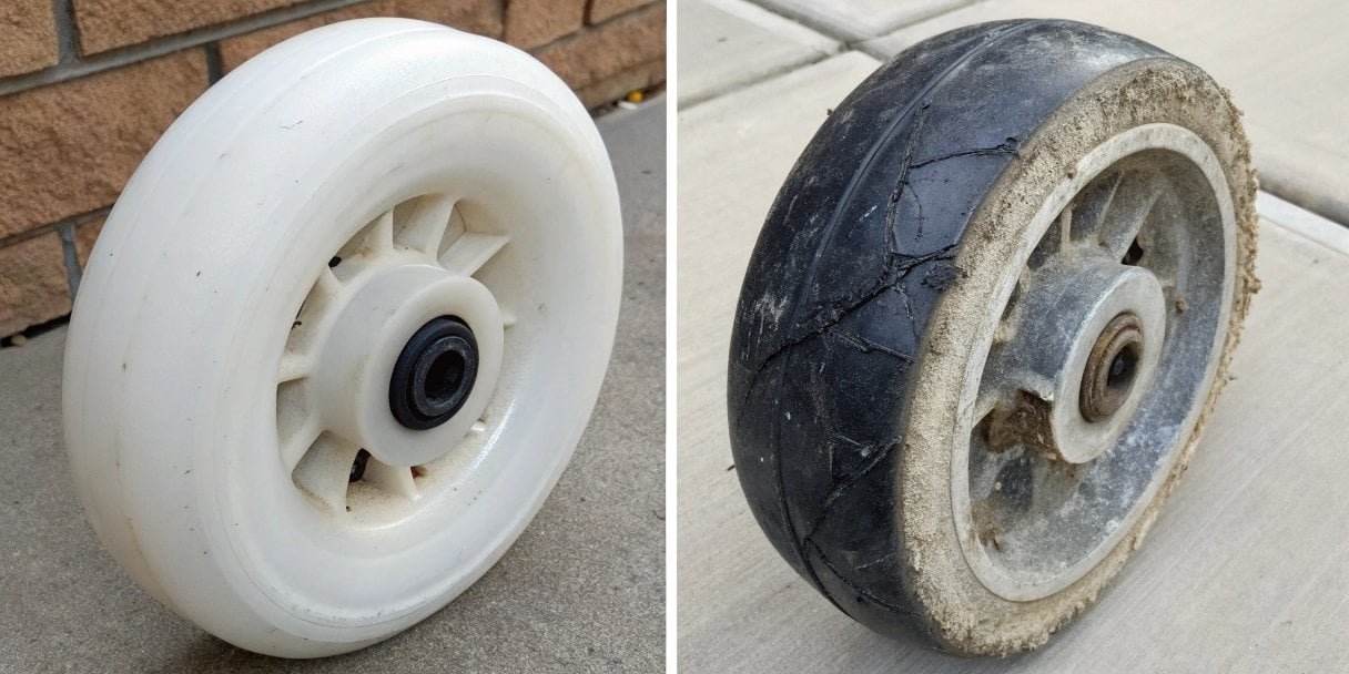 A side-by-side comparison showing a worn-out, cracked rubber wheel next to a pristine polyurethane wheel after the same usage.