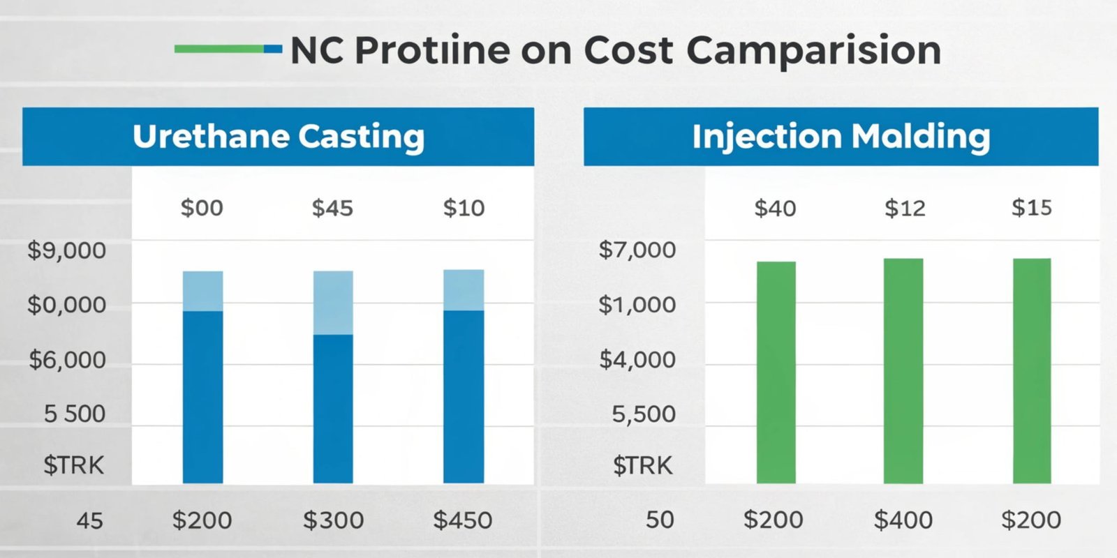 Urethane Casting Cost Comparison A cost comparison chart showing urethane casting vs. injection molding vs. CNC
