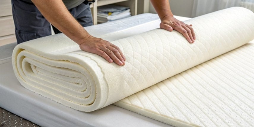 A close-up shot of a new memory foam mattress being unrolled.
