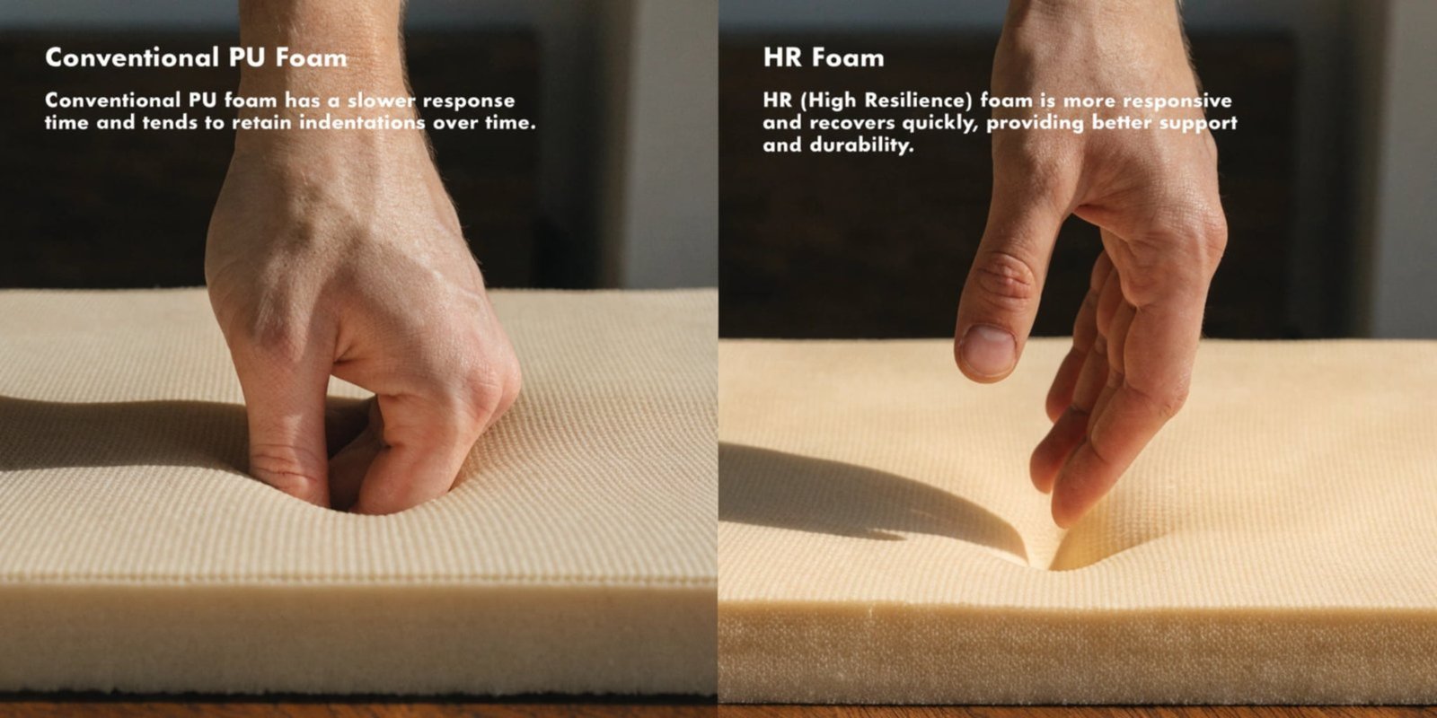 A comparison image showing a hand pressing into a standard PU foam block and an HR foam block, with the HR foam showing more bounce-back