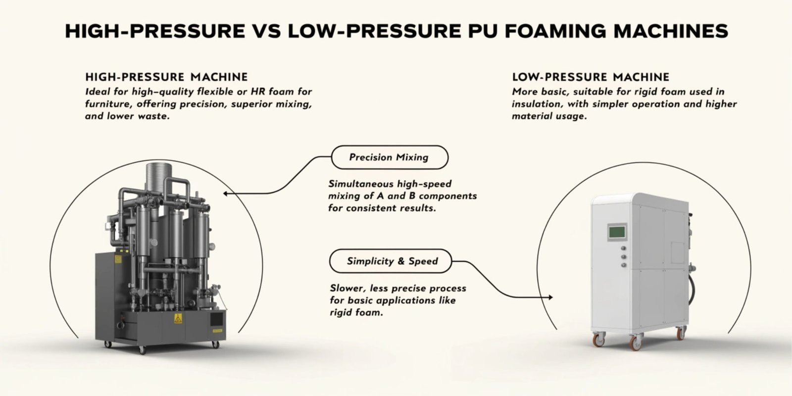 A high-pressure and a low-pressure PU foaming machine side-by-side