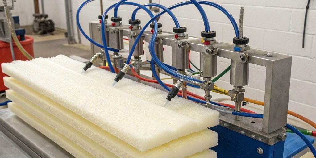 A high-pressure PU foaming machine producing both soft and rigid foam samples