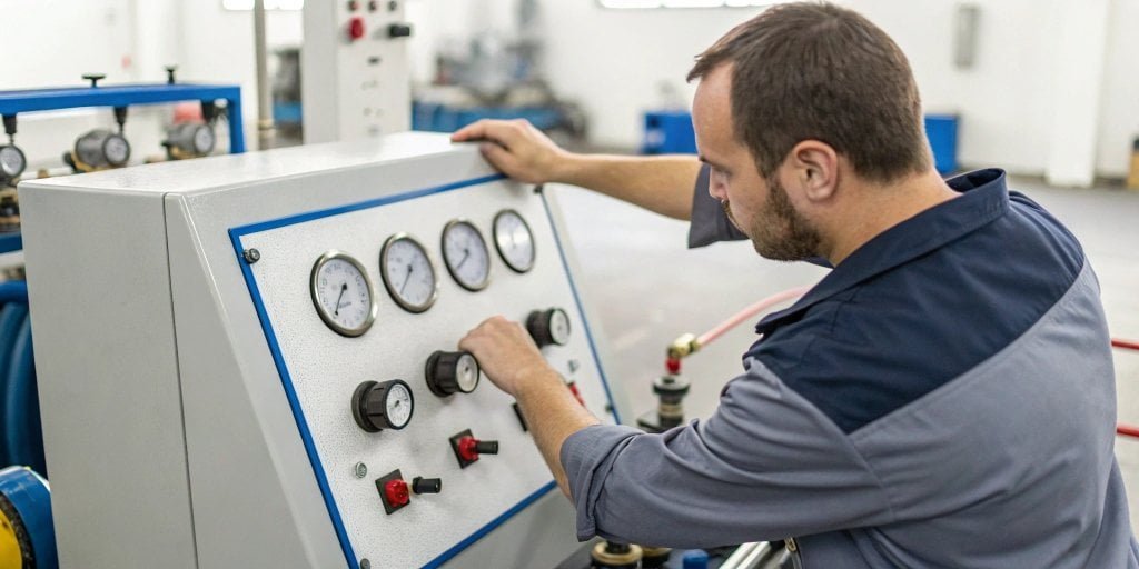 A technician adjusting the pump settings on a Foamor high-pressure machine control panel