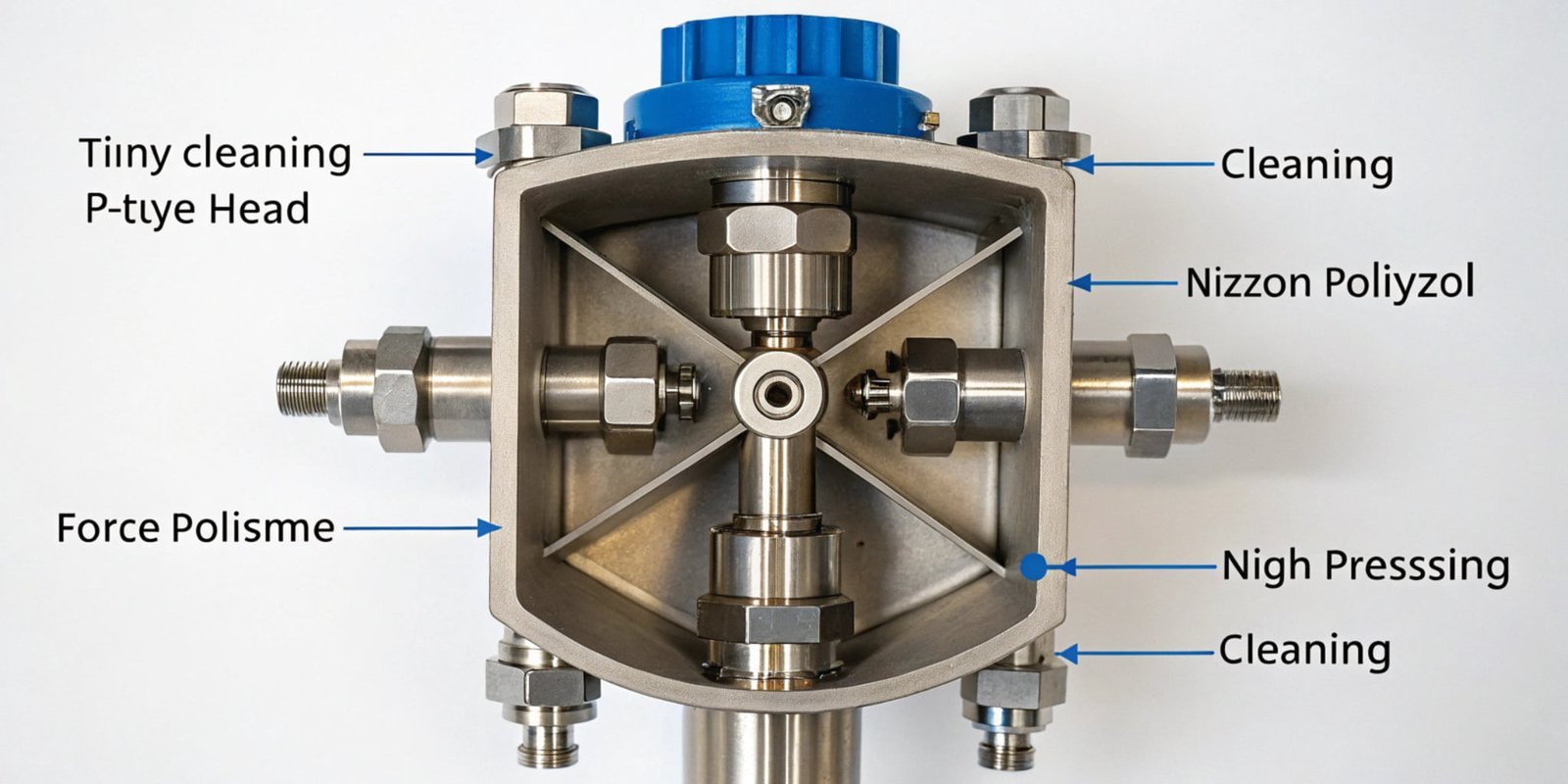 A close-up diagram of a self-cleaning L-type mixing head showing the cleaning piston