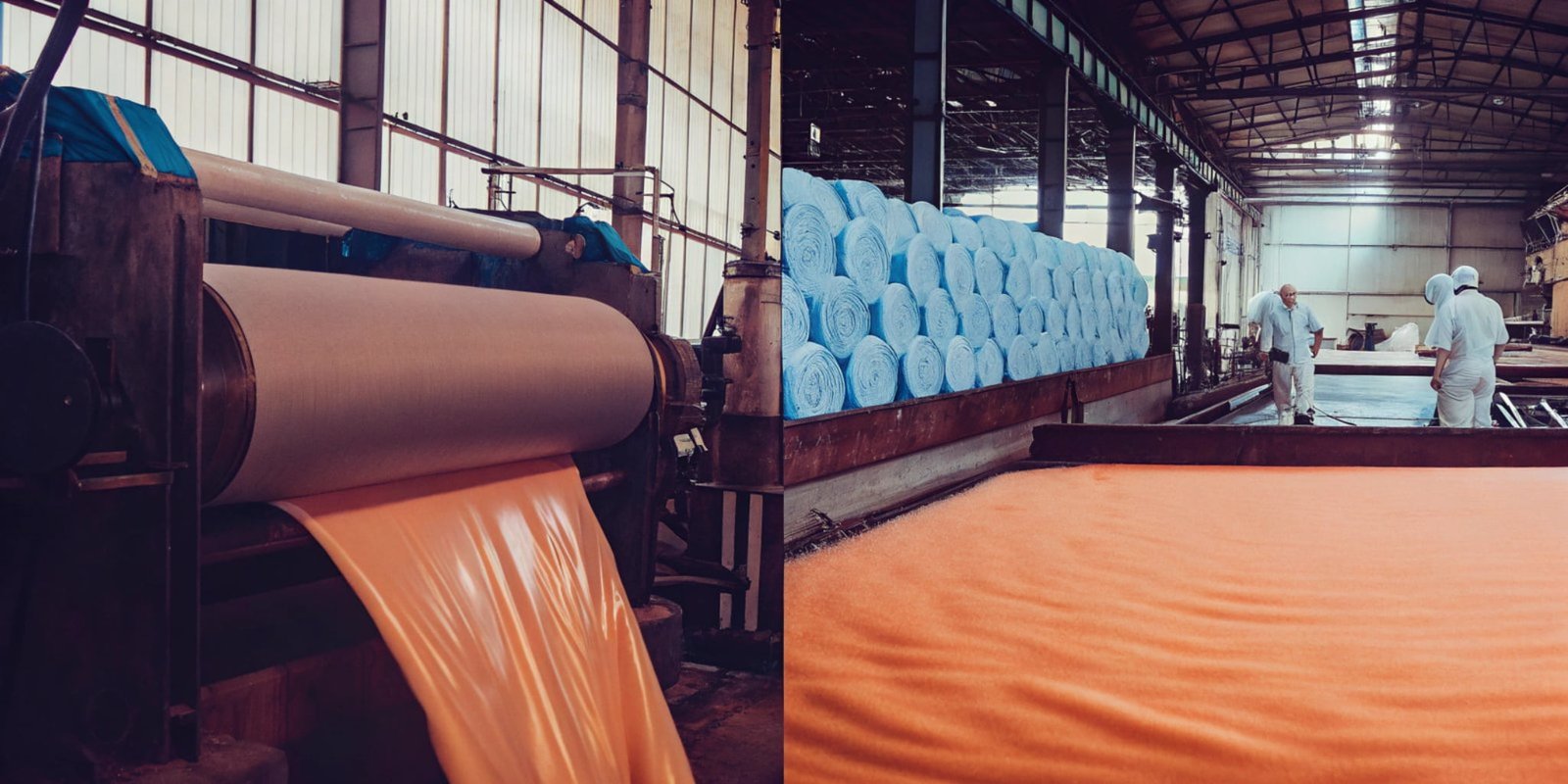 Industries and Applications a factory floor with a PU foam production line for mattresses on one side, and an industrial factory with elastomer parts on the other